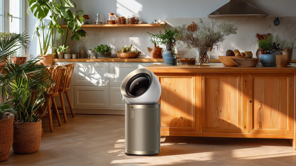 An air purifier in a bright, minimalist kitchen with natural light and wooden countertops.