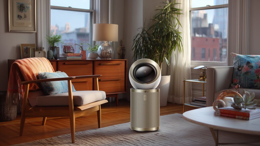 A stylish air purifier placed on the floor in a modern living room setting.