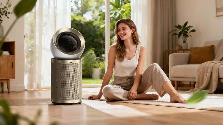 A woman sitting in a bright, modern living room with a sleek, gold and silver air purifier, highlighting clean air.