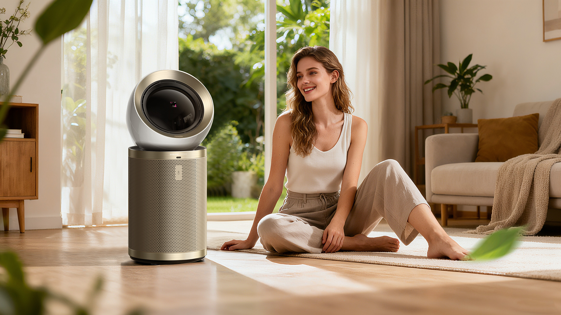 A woman sitting in a bright, modern living room with a sleek, gold and silver air purifier, highlighting clean air.