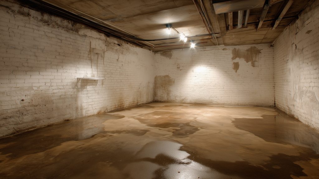 Damp basement with wet floor and stained walls showing source of musty odors and mold risk.