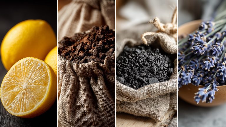 Natural odor eliminators including lemons, coffee grounds, activated charcoal, and lavender displayed on a rustic surface.