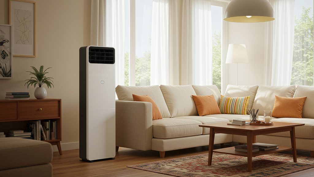 A tall, portable air conditioner stands in a bright, modern living room with a beige couch, a wooden coffee table, and large windows.
