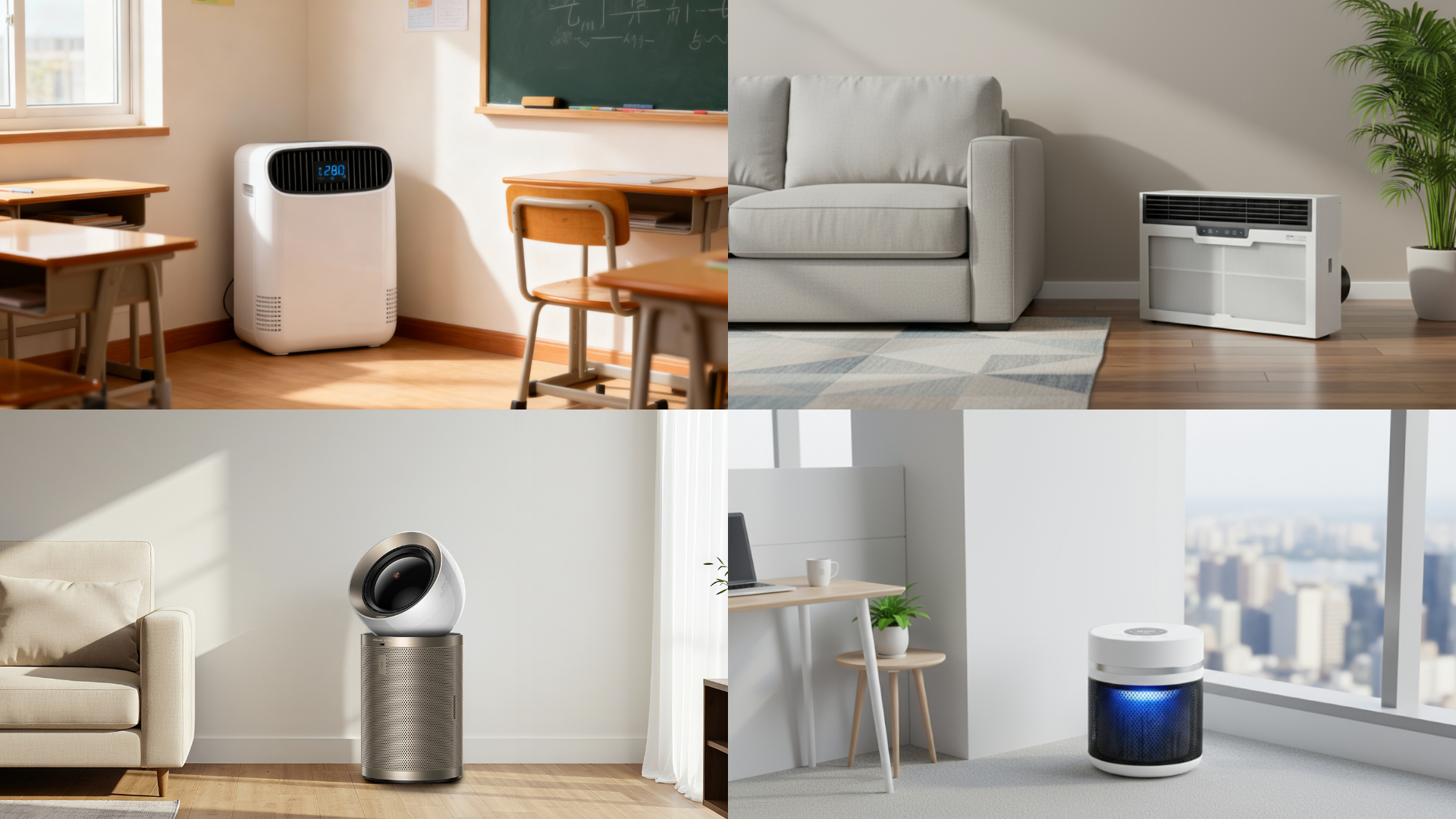 A collage showing four different types of air purifiers operating effectively in a classroom, living room, and modern office setting.