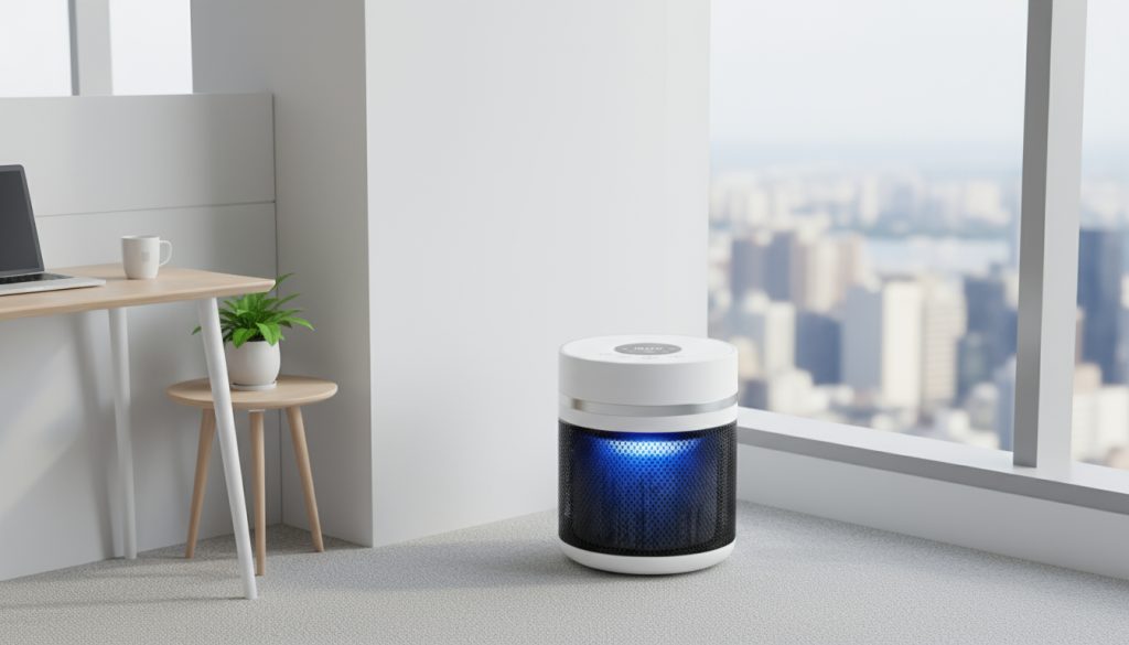 A sleek, cylindrical UV-C air purifier with a blue germicidal light, placed in a bright office to destroy airborne pathogens.