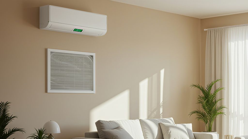 A white, wall-mounted air conditioner is installed on a beige wall above a framed air vent in a living room with curtains and plants.
