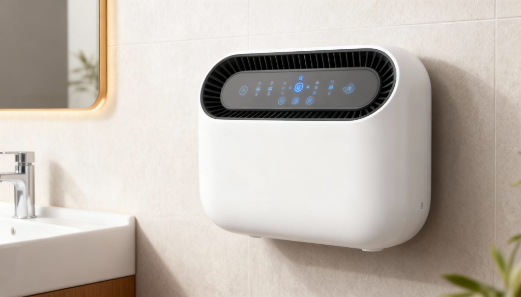 A slim, wall-mounted ozone generator installed in a bathroom to control moisture and kill bacteria.